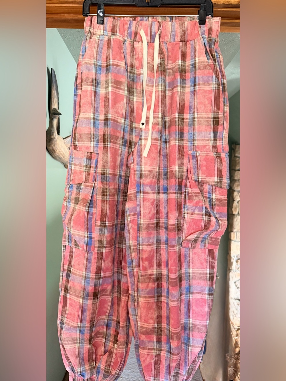 POL Plaid Button-Up Plaid Cargo Joggers in Reddish Pink and Blue